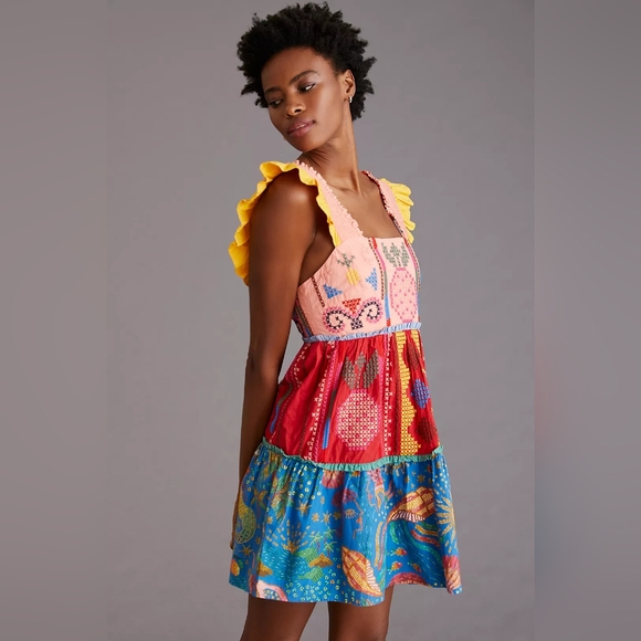 Colorful Patchwork Dress with Ruffle Sleeves - Picture 4 of 7